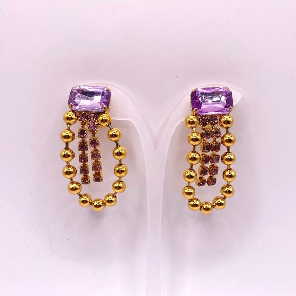 Vintage Party Clip On Earrings Gold Tone with Purple Glass Stone - Picture 3 of 6